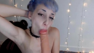 Teen blue haired gagging cum slut Lily Grey with ass plug